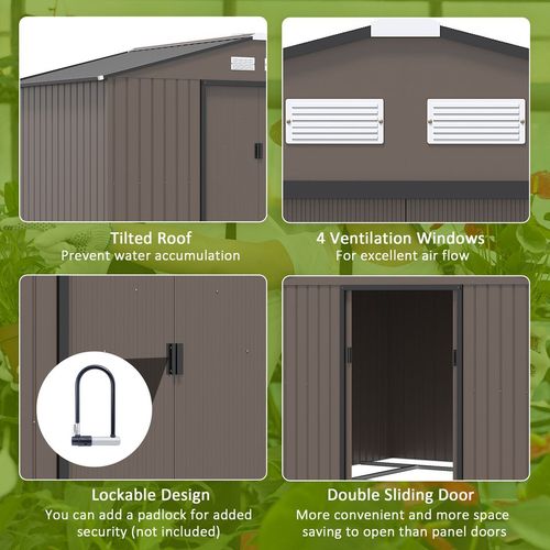 9 X 6FT Outdoor Storage Garden Shed Sliding Door Galvanised Metal Brown - Garden Shed from Outsunny