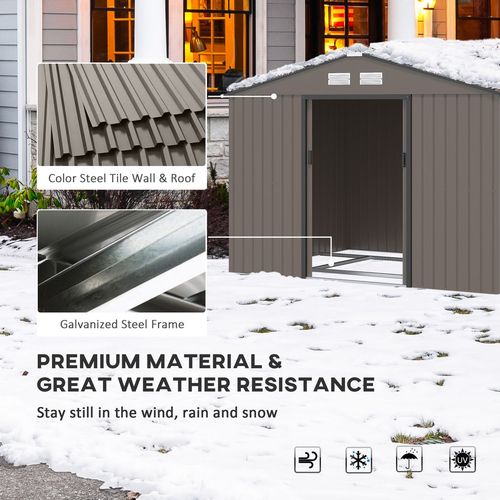 9 X 6FT Outdoor Storage Garden Shed Sliding Door Galvanised Metal Brown - Garden Shed from Outsunny