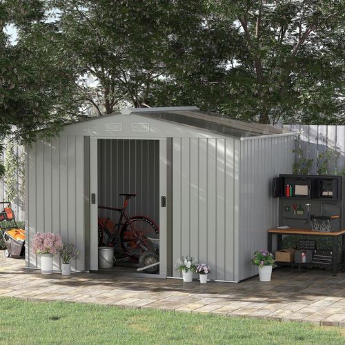 Garden Shed Storage Large Yard Store Sliding Door Metal Roof Tool Box Silver - Garden Shed from Outsunny