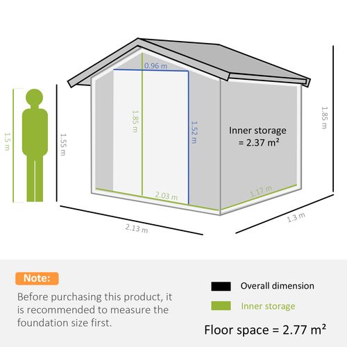 Lockable Garden Shed Large Patio Roofed Foundation 7ft x 4ft,Grey Vent - Garden Shed from Outsunny