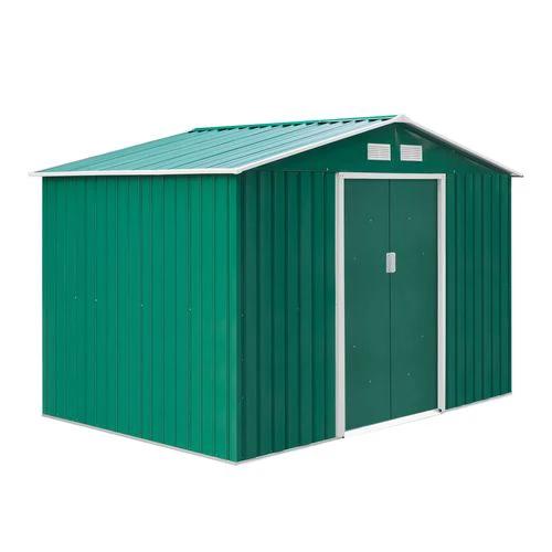 Outsunny Metal 9x6 ft Garden Shed Storage Door Roof Building Container-Green - Garden Shed