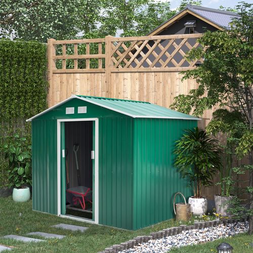 Metal 9x6 ft Garden Shed Storage Door Roof Building Container-Green - Garden Shed from Outsunny