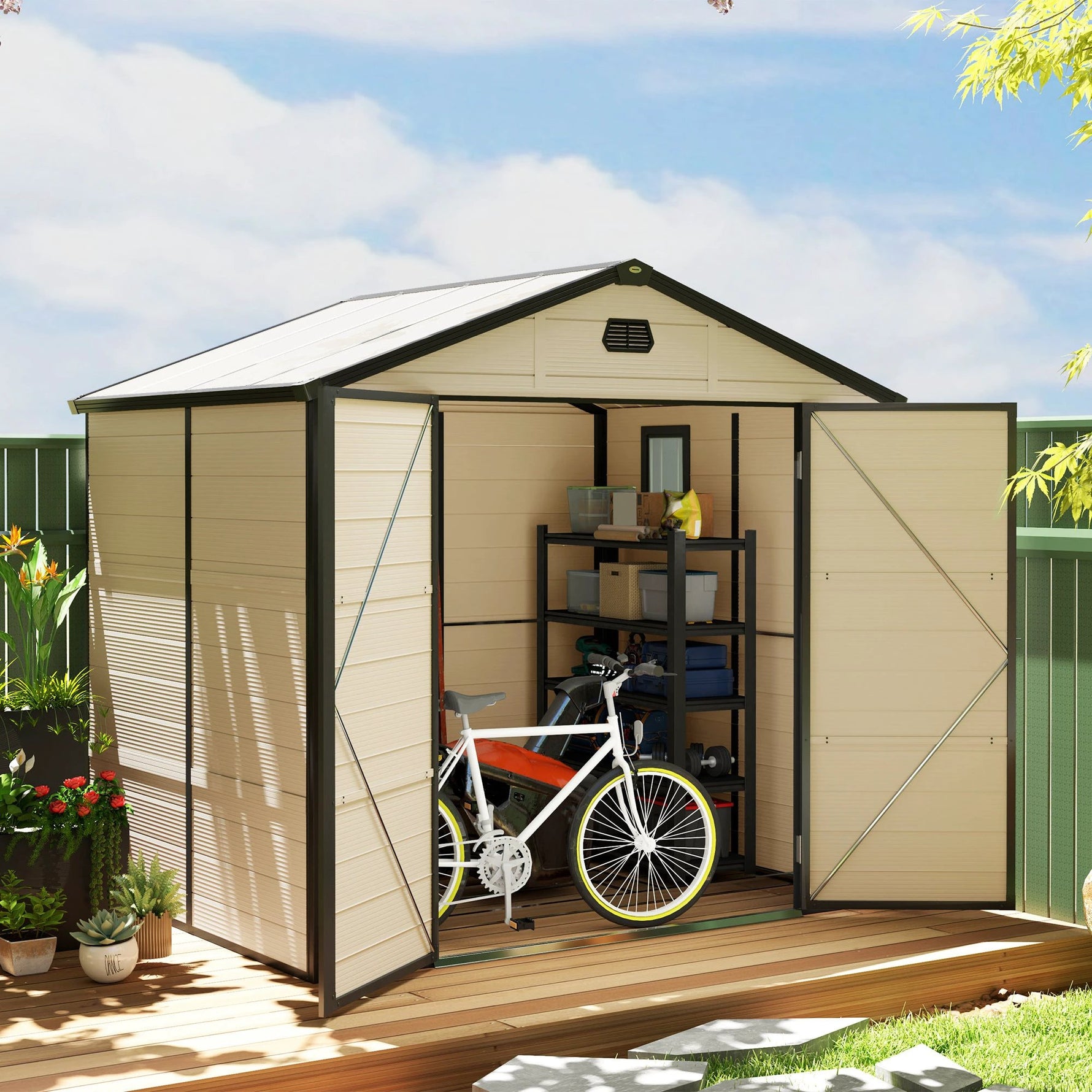 Outsunny Outsunny 8 x 6ft Garden Shed Storage w/ Foundation Kit, Vents, Cream White - Garden Shed