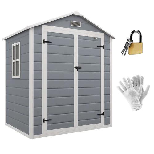 Outsunny Outsunny Garden Shed 6'x4.5' Plastic Tool Storage House w/ Lockable Double Doors - Garden Shed