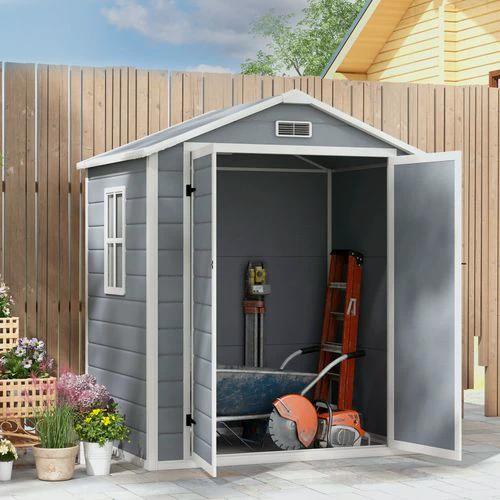 Outsunny Outsunny Garden Shed 6'x4.5' Plastic Tool Storage House w/ Lockable Double Doors - Garden Shed