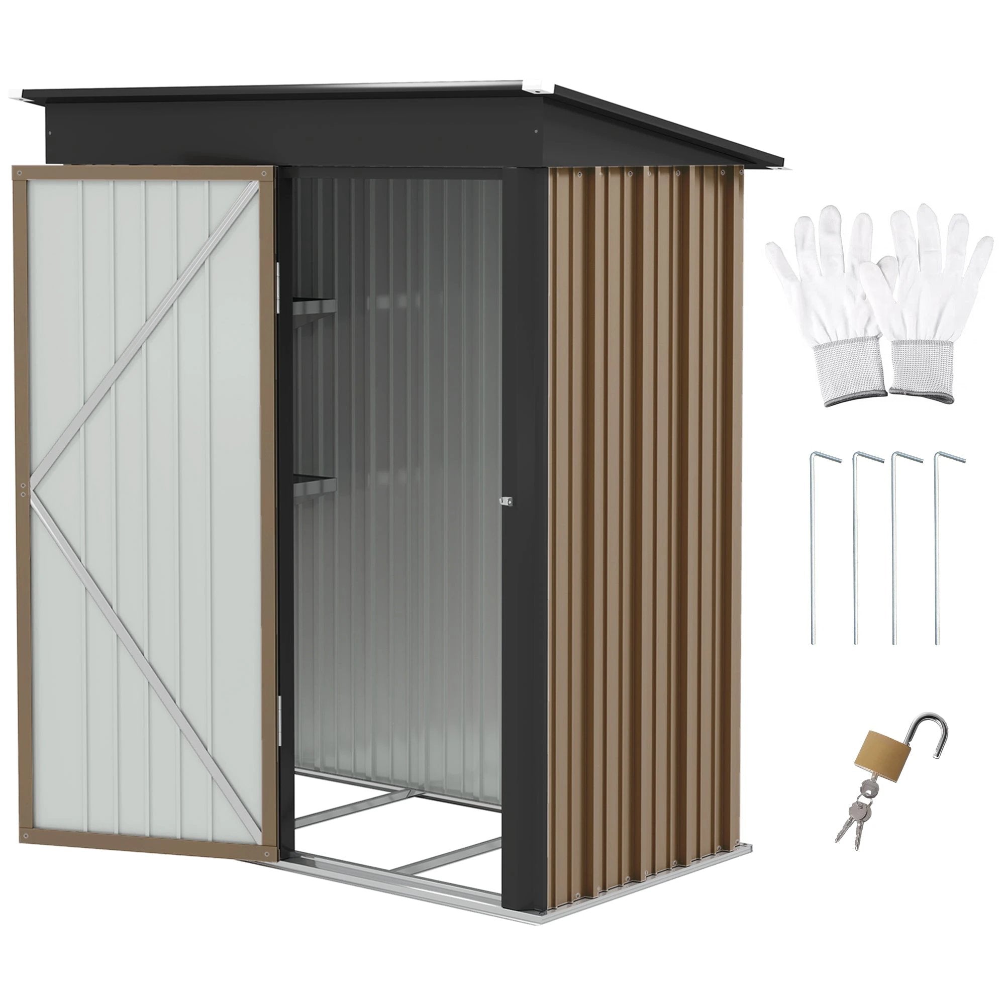 Outsunny Steel Garden Shed, Small Lean-to Shed for Bike, 5x3 ft Brown by Outsunny