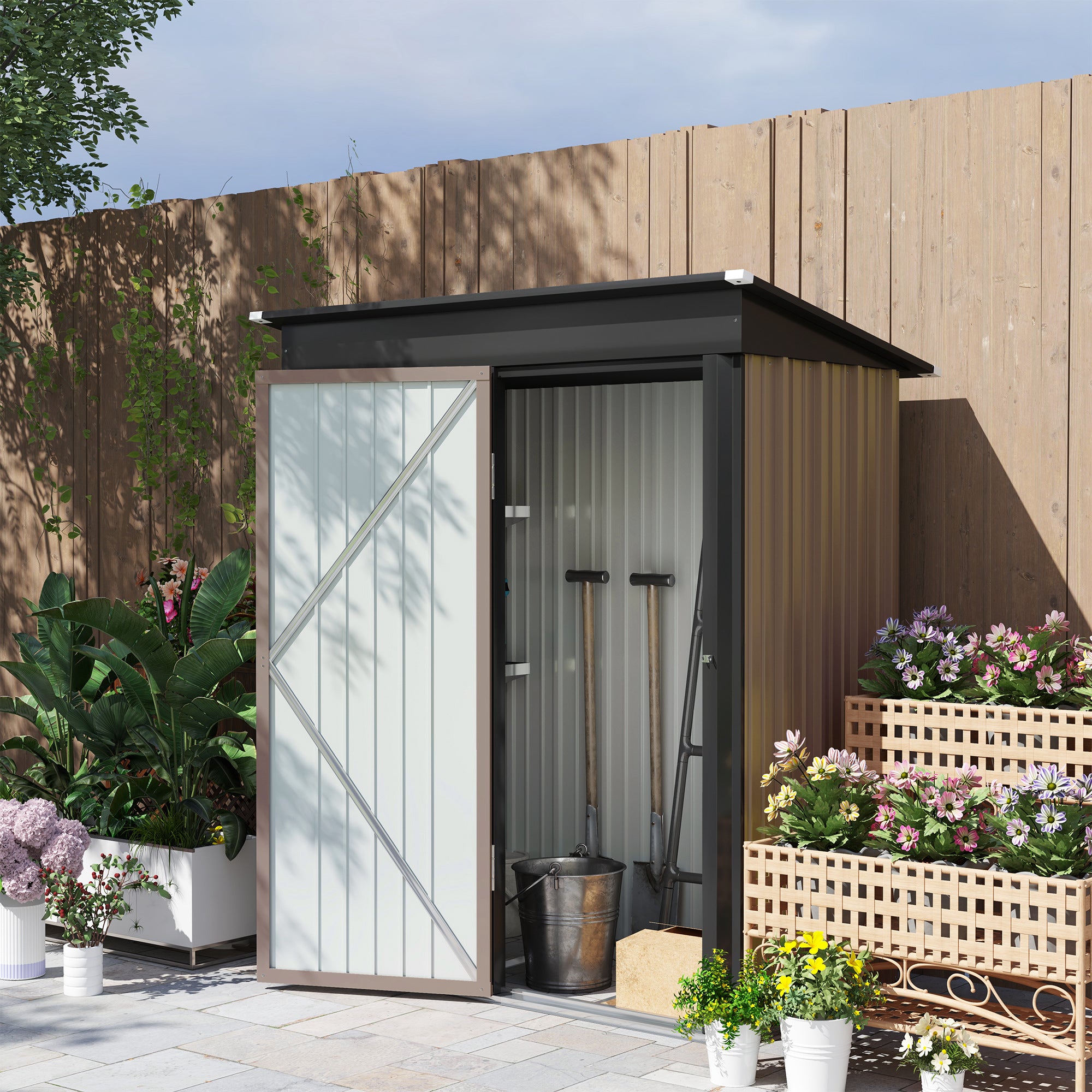 Outsunny Steel Garden Shed, Small Lean-to Shed for Bike, 5x3 ft Brown - Garden Shed from Outsunny