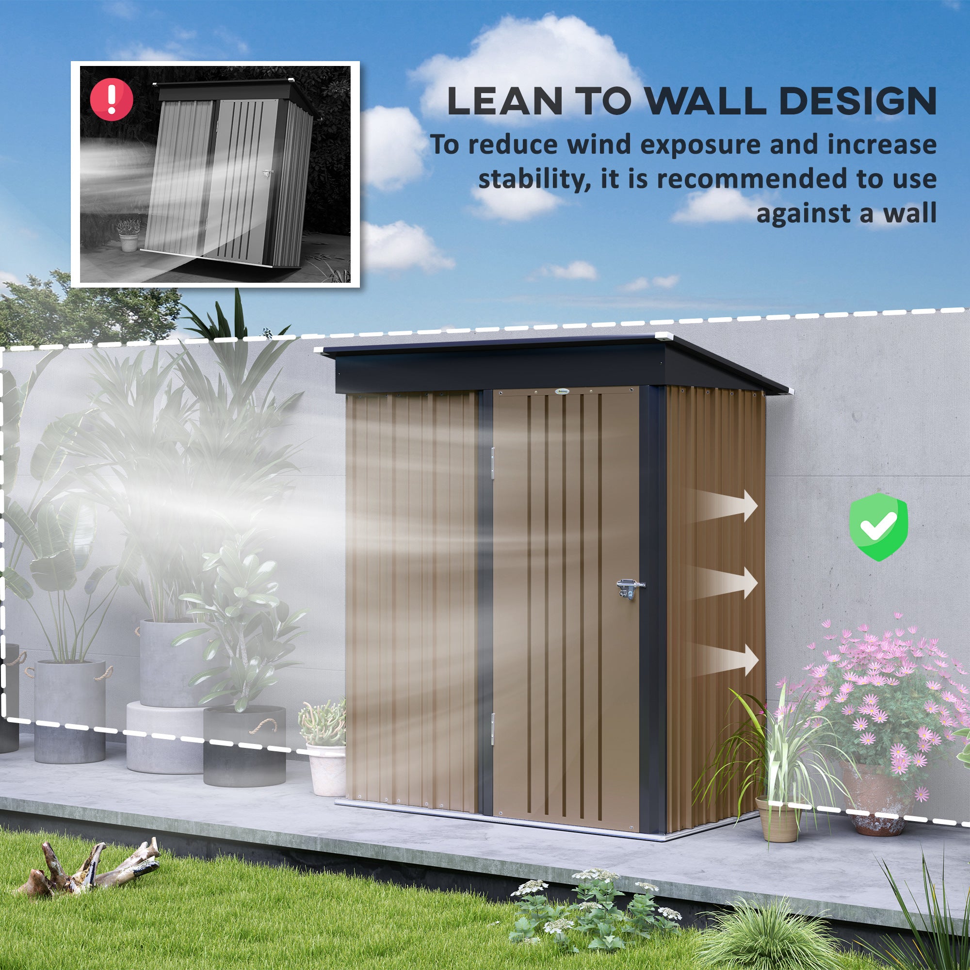 Outsunny Steel Garden Shed, Small Lean-to Shed for Bike, 5x3 ft Brown - Garden Shed from Outsunny