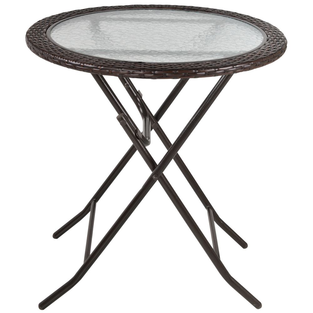 Outsunny Folding Round Tempered Glass Metal Table with Brown Rattan Edging - Garden Table from Outsunny