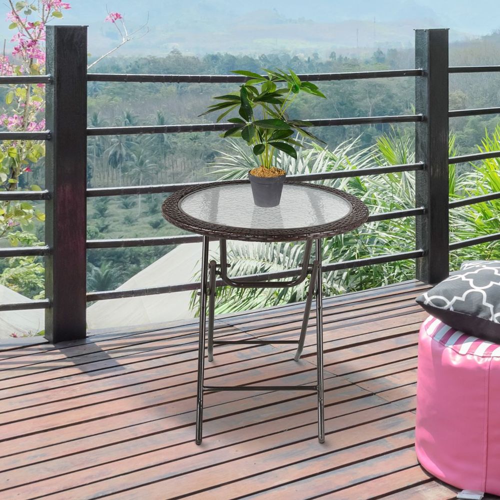 Outsunny Folding Round Tempered Glass Metal Table with Brown Rattan Edging - Garden Table from Outsunny