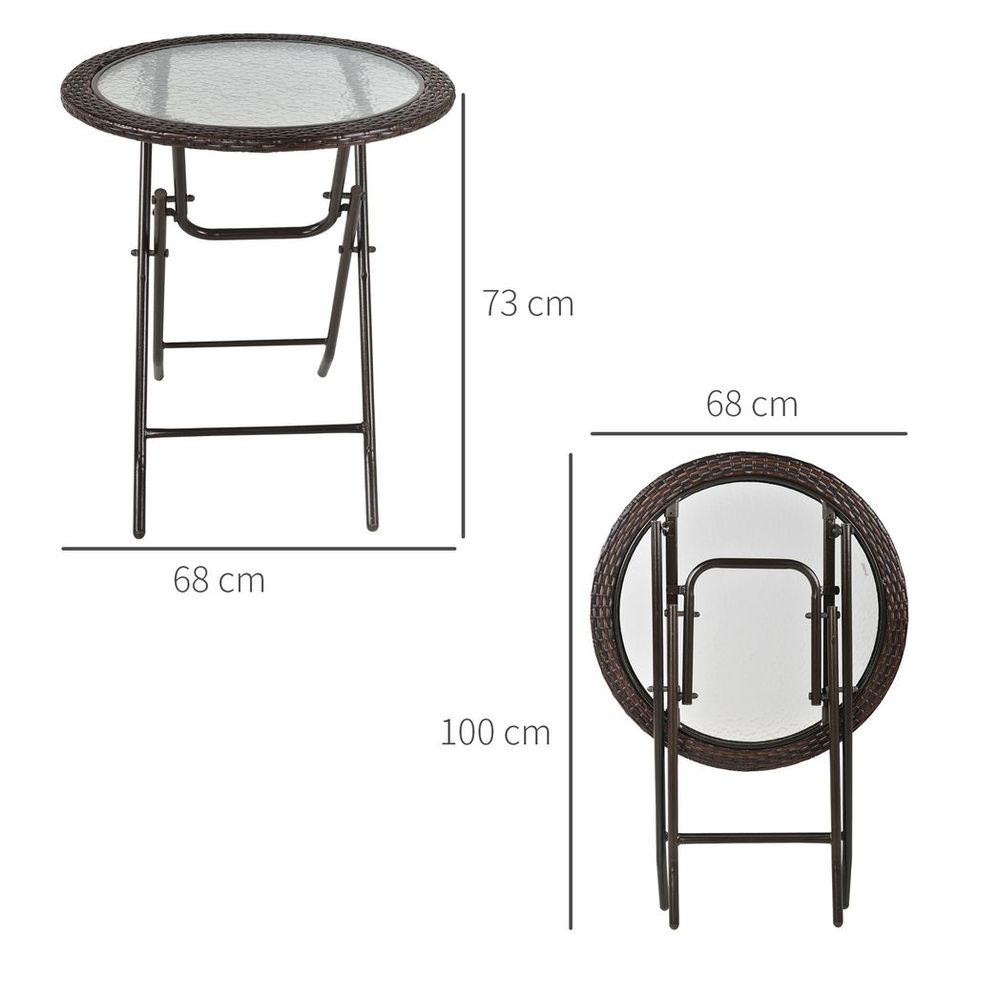 Outsunny Folding Round Tempered Glass Metal Table with Brown Rattan Edging - Garden Table from Outsunny