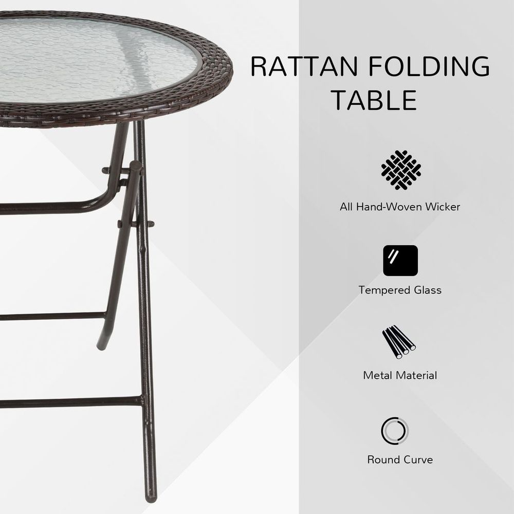 Outsunny Folding Round Tempered Glass Metal Table with Brown Rattan Edging - Garden Table from Outsunny