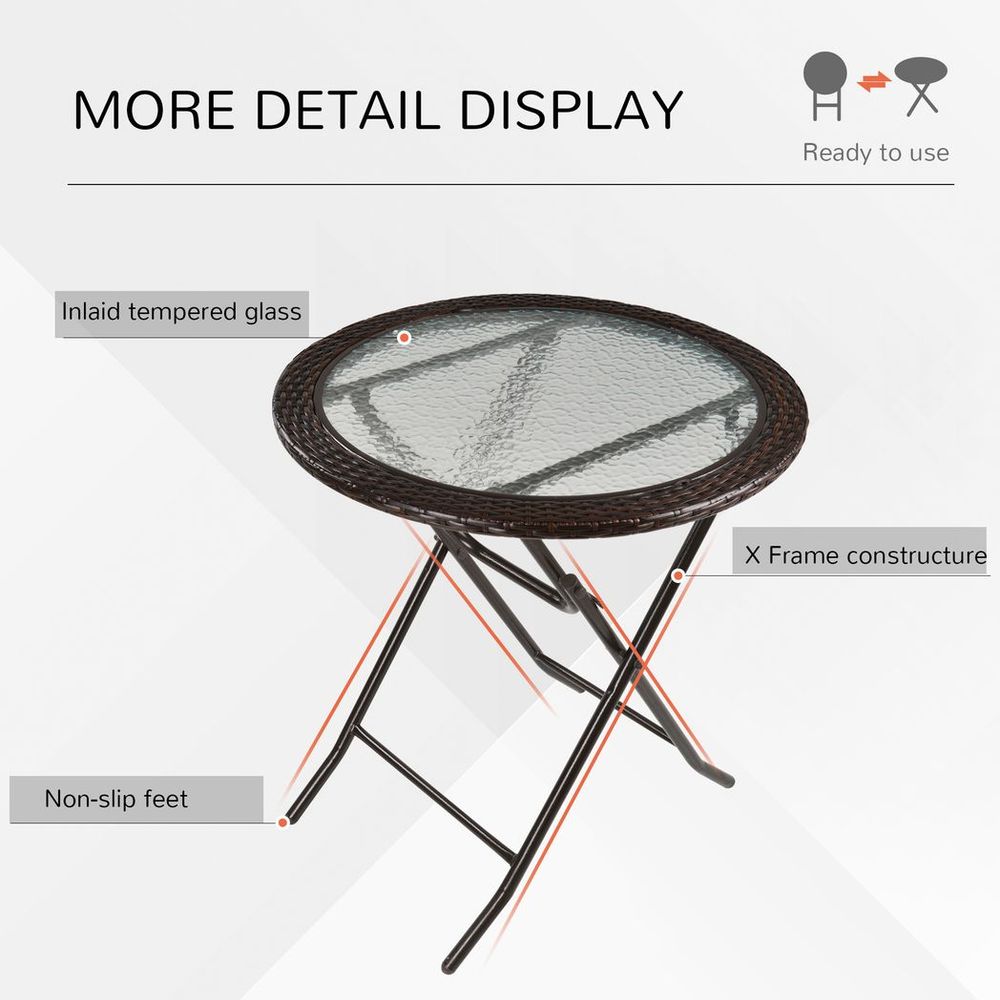 Outsunny Folding Round Tempered Glass Metal Table with Brown Rattan Edging - Garden Table from Outsunny