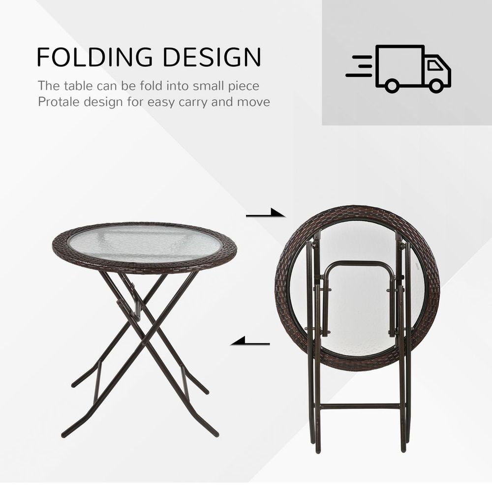 Outsunny Folding Round Tempered Glass Metal Table with Brown Rattan Edging - Garden Table from Outsunny