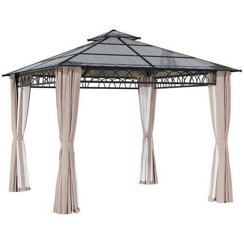 3 x 3 (m) Polycarbonate Gazebo, Hard Top Gazebo with Nettings & Curtains - Gazebos from Outsunny