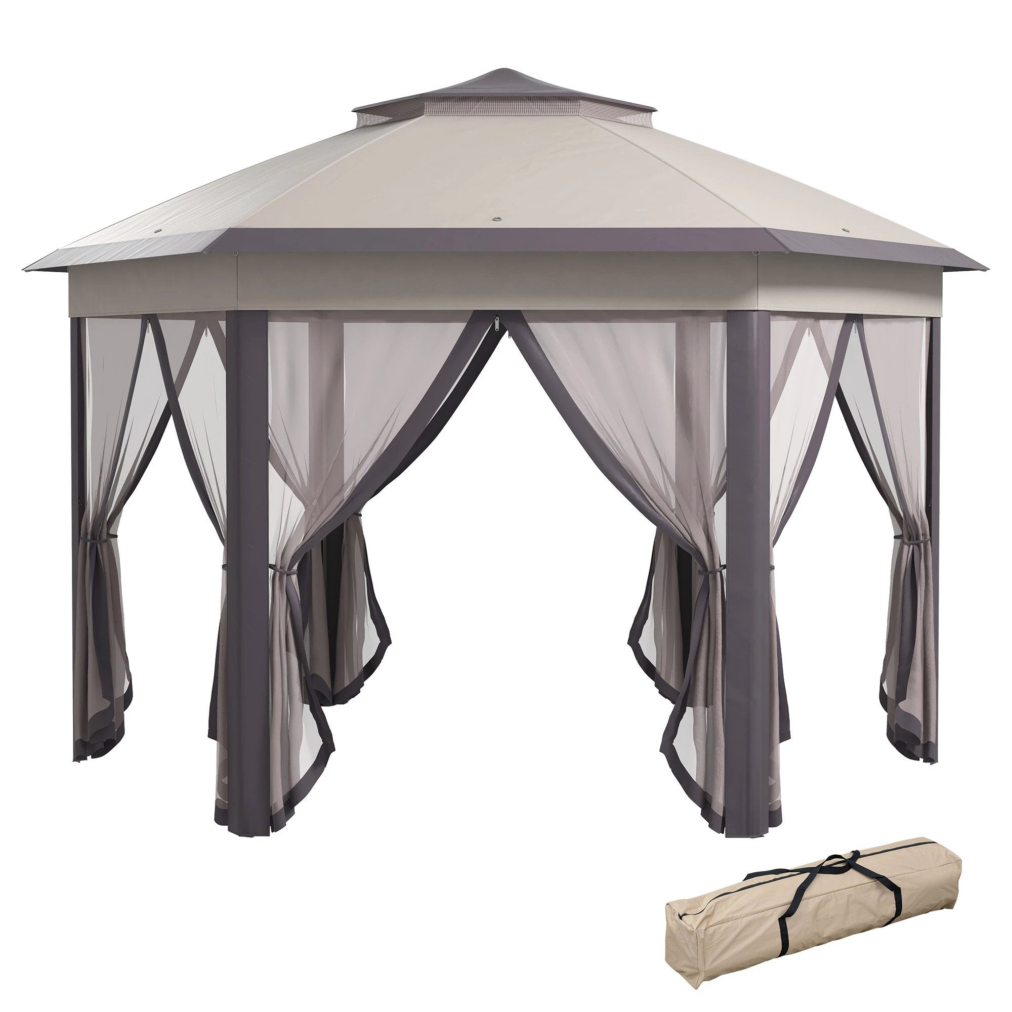 Outsunny 4.05m x 4.05m Metal Frame Mesh Draped 2-Tier Roof Gazebo Brown - Gazebos