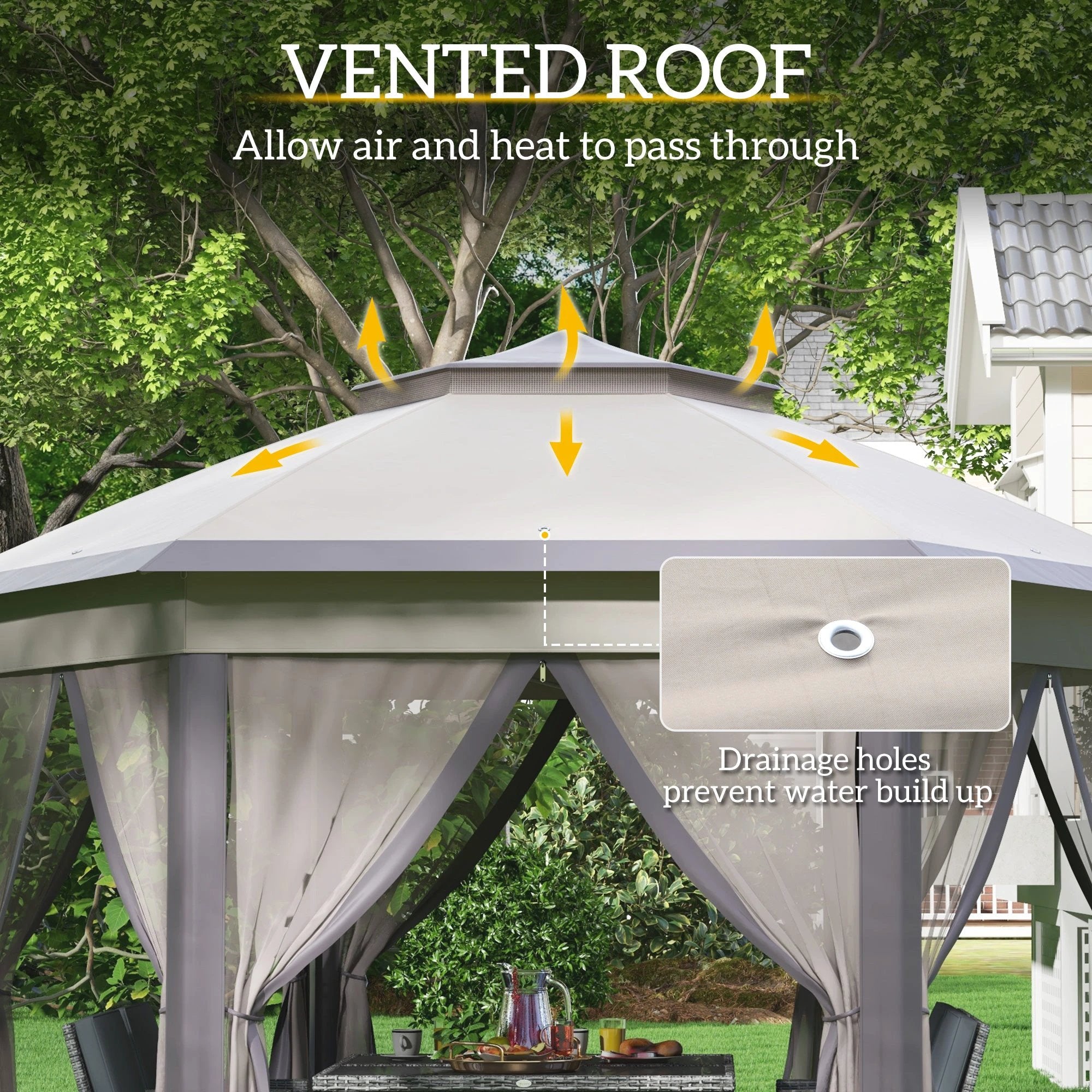 Outsunny 4.05m x 4.05m Metal Frame Mesh Draped 2-Tier Roof Gazebo Brown - Gazebos