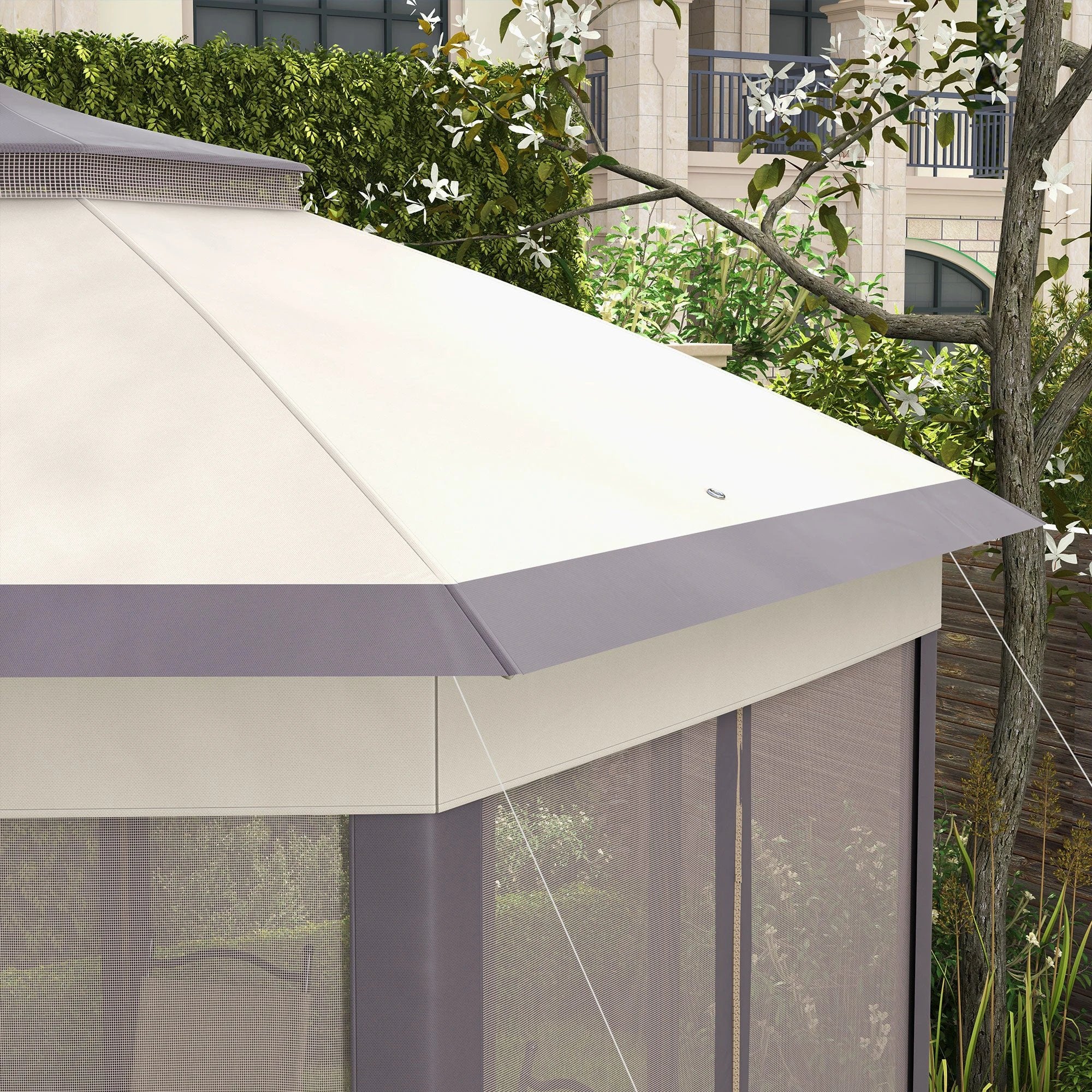 Outsunny 4.05m x 4.05m Metal Frame Mesh Draped 2-Tier Roof Gazebo Brown - Gazebos