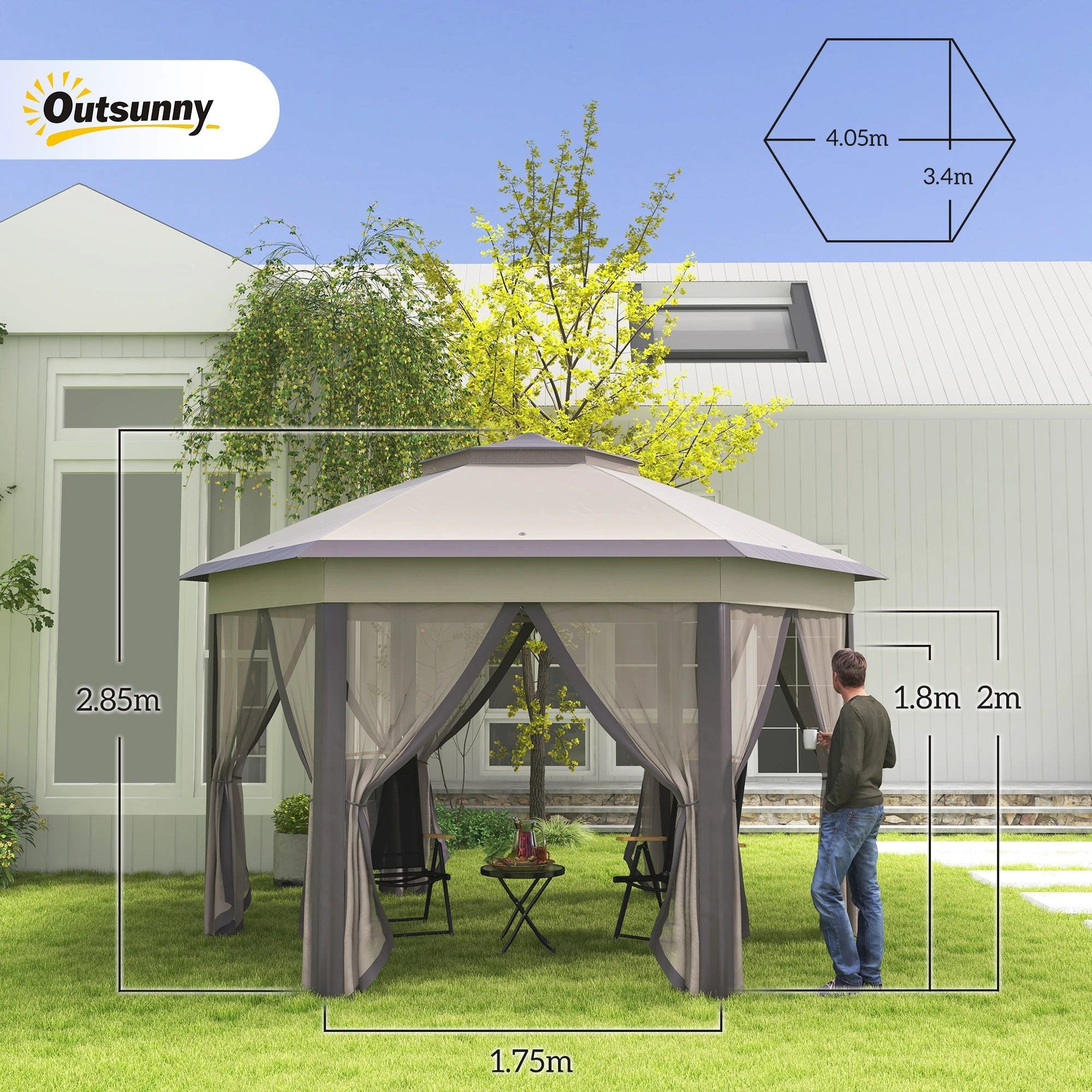 Outsunny 4.05m x 4.05m Metal Frame Mesh Draped 2-Tier Roof Gazebo Brown - Gazebos