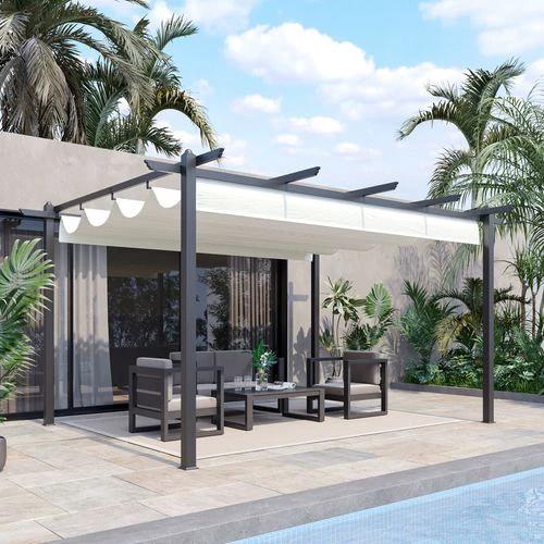 Outsunny 4 x 3m Aluminum Pergola Gazebo Retractable Roof CanopyCream White - Gazebos