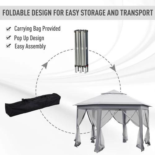 Hexagon Pop Up Gazebo Double Roof Netting, 4m x 4m, Grey w/ Mesh, 4x4m by Outsunny