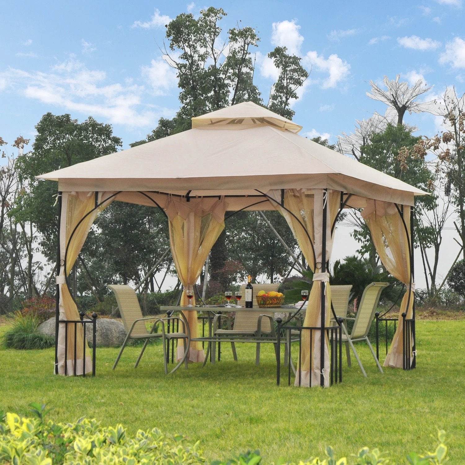 Metal Gazebo With Sides Beige 3m x 3m Waterproof Gazebo by Outsunny
