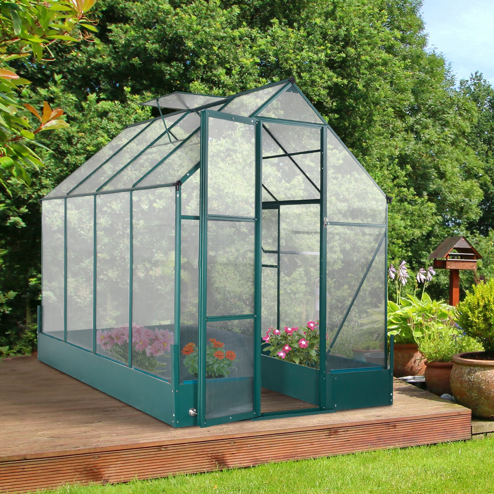 Garden Walk-in Aluminium Greenhouse Polycarbonate with Plant Bed - Greenhouse from Outsunny