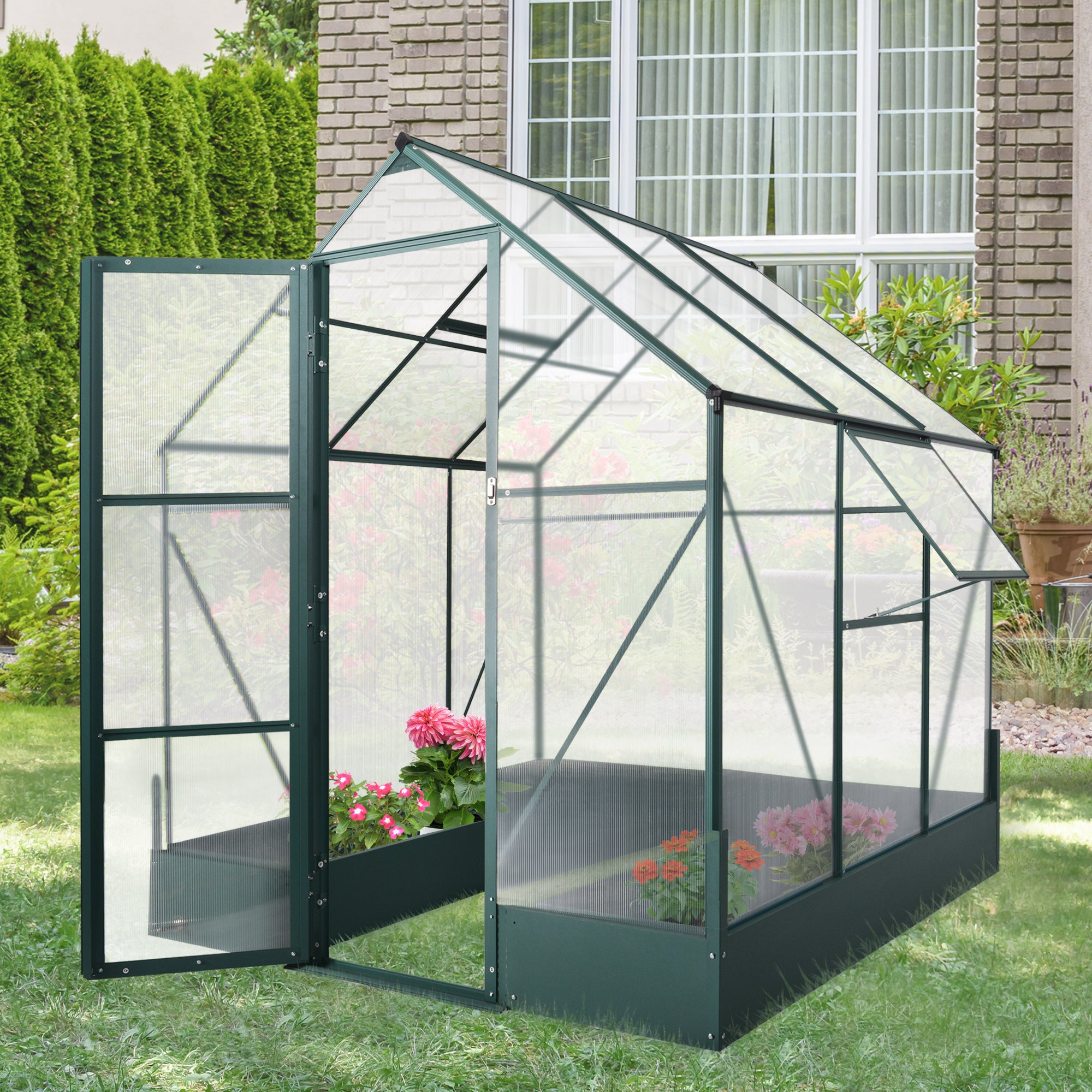 Garden Walk-in Aluminium Greenhouse Polycarbonate with Plant Bed - Greenhouse from Outsunny