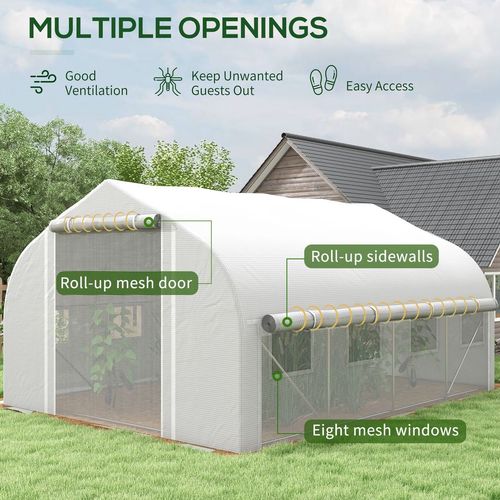 4 x 3(m) Polytunnel Greenhouse with Roll Up Sidewalls, Mesh Door, Plant Labels - Greenhouse from Outsunny