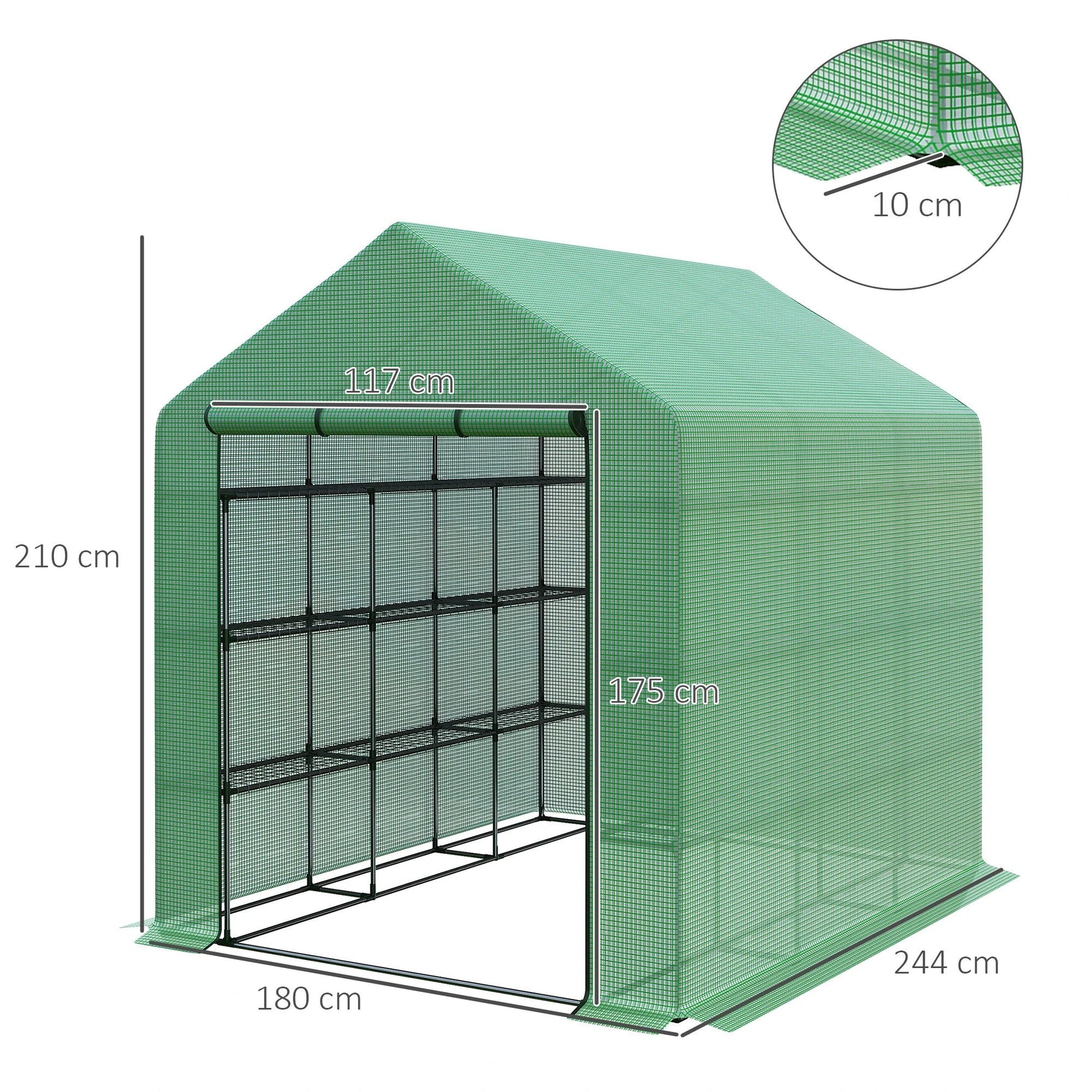 Outsunny Poly Tunnel Steeple Walk in Greenhouse Removable Cover Shelves 244x180x210cm - Greenhouse