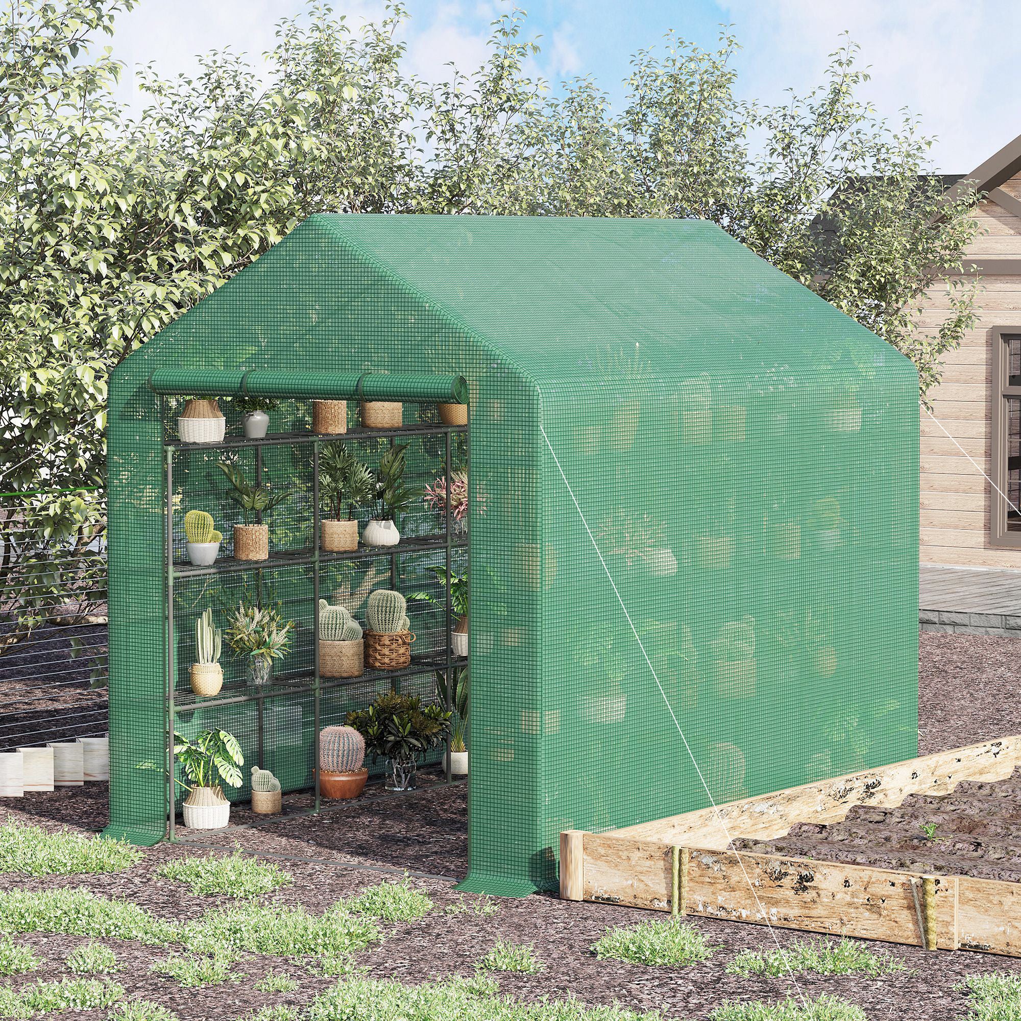 Poly Tunnel Steeple Walk in Greenhouse Removable Cover Shelves 244x180x210cm - Greenhouse from Outsunny
