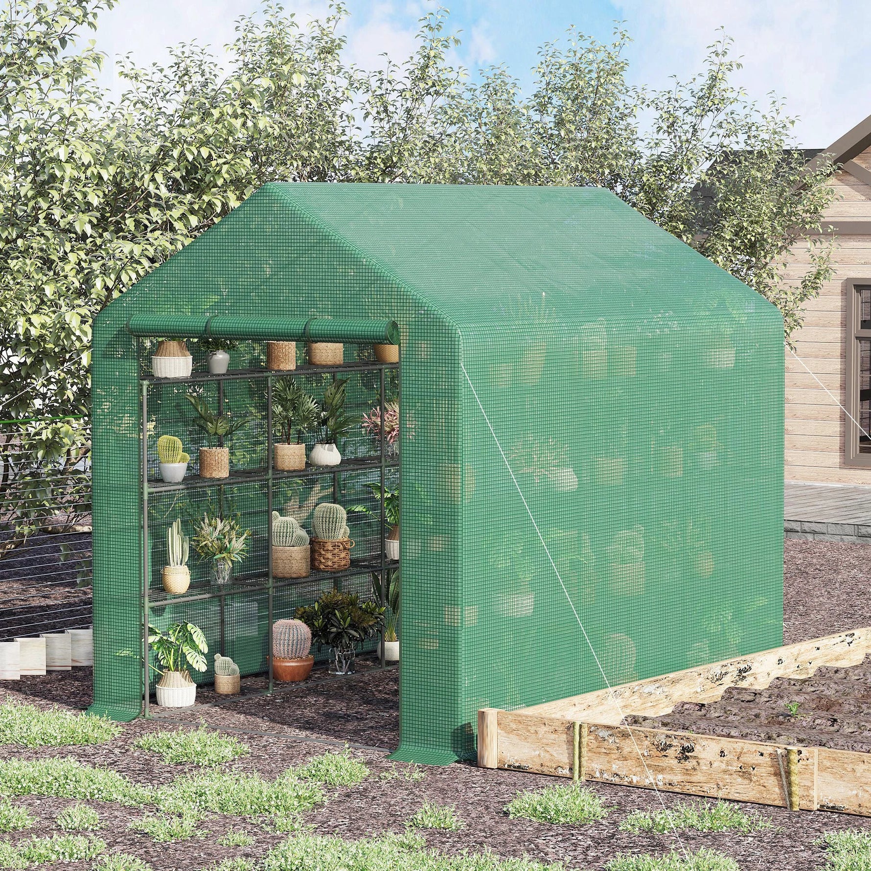 Outsunny Poly Tunnel Steeple Walk in Greenhouse Removable Cover Shelves 244x180x210cm - Greenhouse