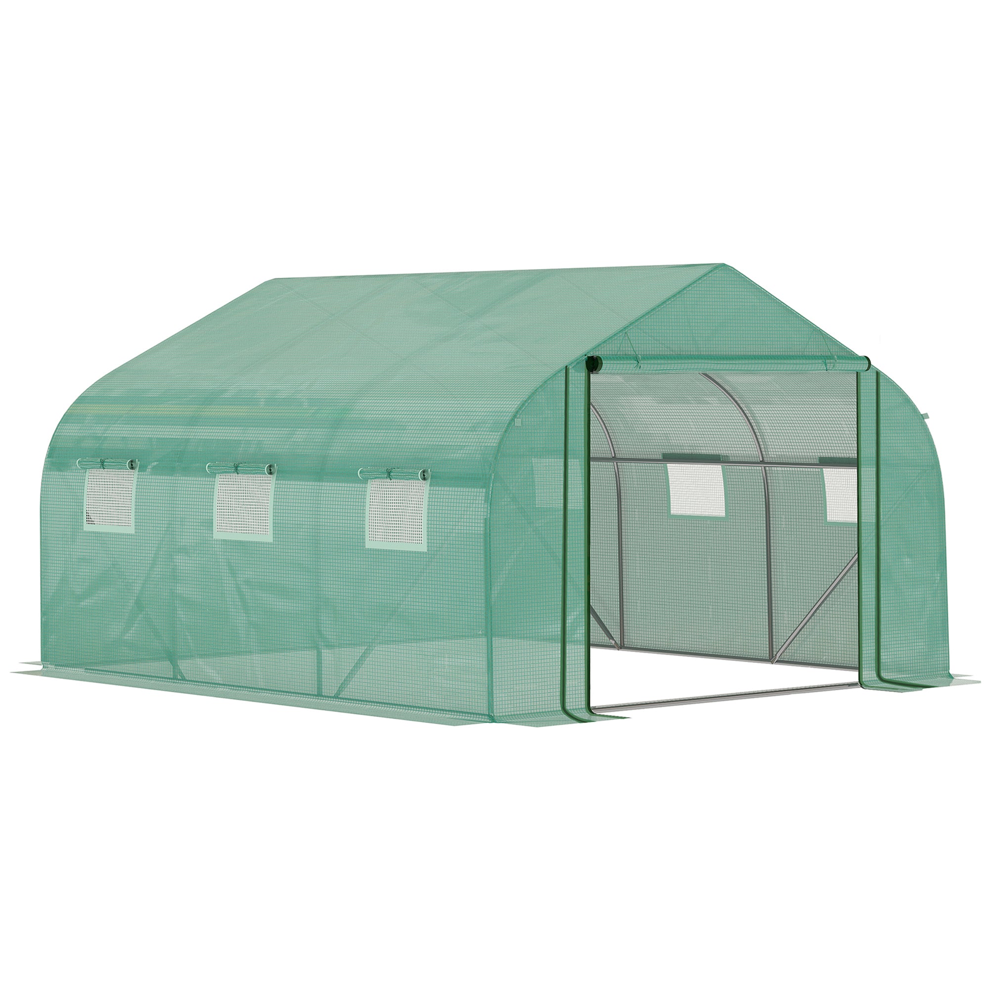 Walk-in Garden Greenhouse Zippered Roll Up Door & 6 Windows, 3.5 x 3 x 2m, Green - Greenhouse from Outsunny