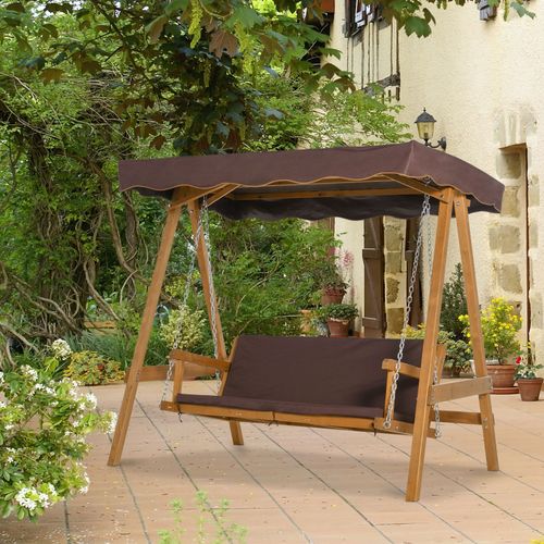 3 Seater Swing Chair & Adjustable Canopy, Wooden Hammock Bench Brown - Hammocks from Outsunny