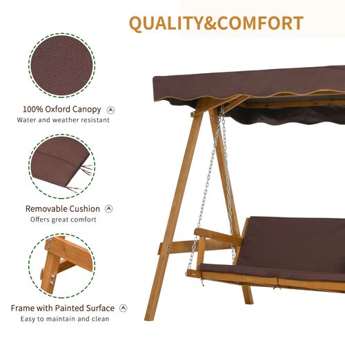 3 Seater Swing Chair & Adjustable Canopy, Wooden Hammock Bench Brown - Hammocks from Outsunny
