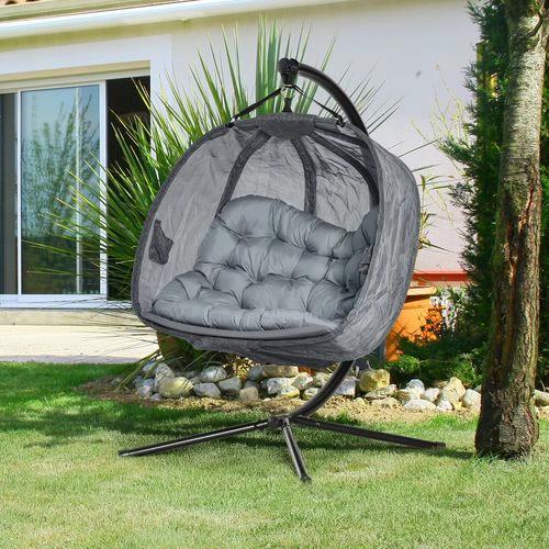 Outsunny Double Hanging Egg Chair 2 Seaters Swing Hammock w/ Cushion, Grey - Hammocks