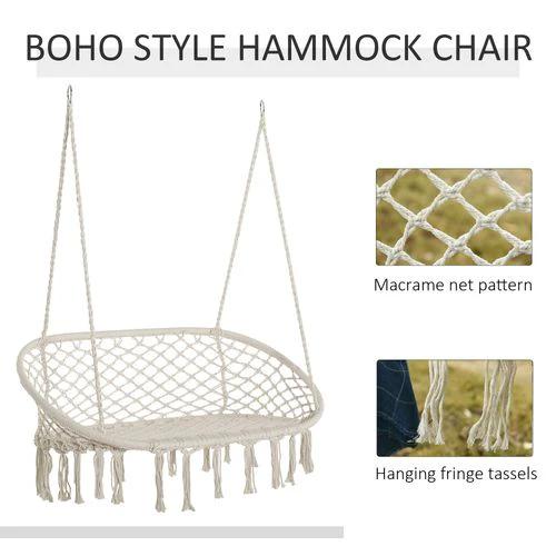 Outsunny Hanging Hammock Chair Cotton Rope Swing & Metal Frame Large Macrame, Cream White - Hammocks