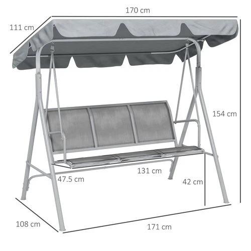 Outsunny Metal Swing Chair Garden Hammock 3 Seater Patio Bench with Canopy, Grey by Outsunny