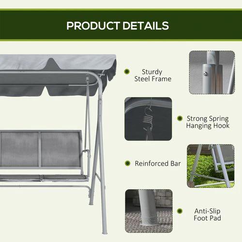 Outsunny Metal Swing Chair Garden Hammock 3 Seater Patio Bench with Canopy, Grey by Outsunny