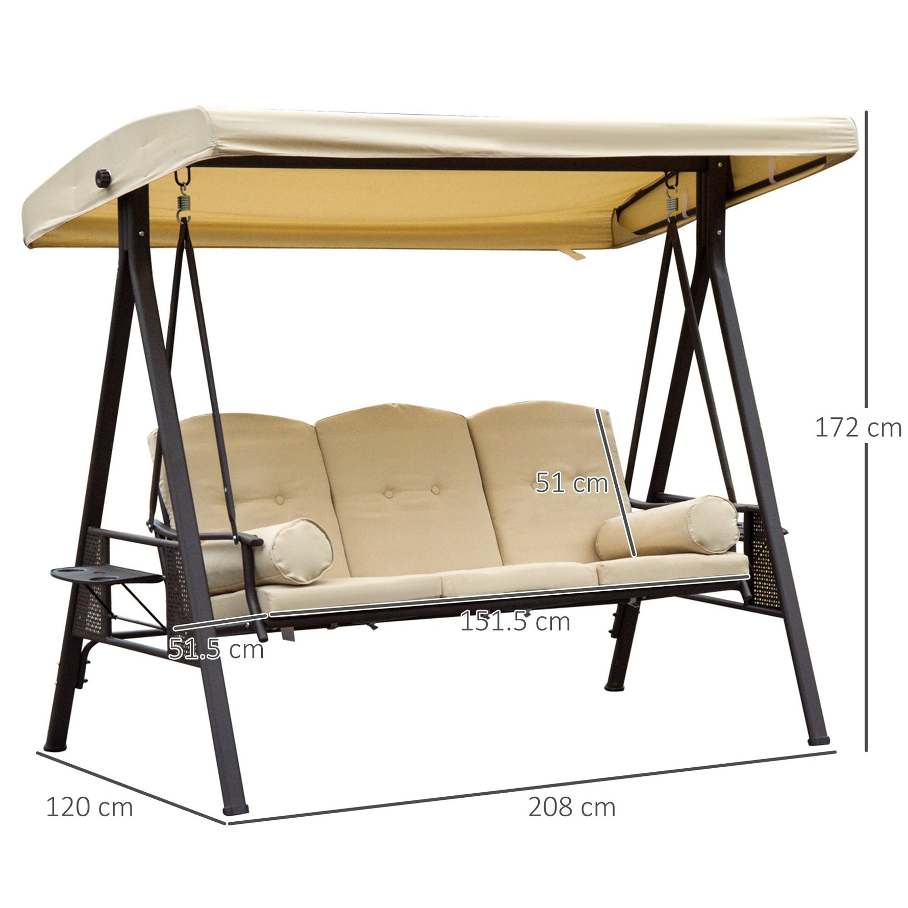Steel Swing Chair Hammock Garden 3 Seater Canopy Cushion Shelter Beige by Outsunny