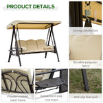 Steel Swing Chair Hammock Garden 3 Seater Canopy Cushion Shelter Beige by Outsunny