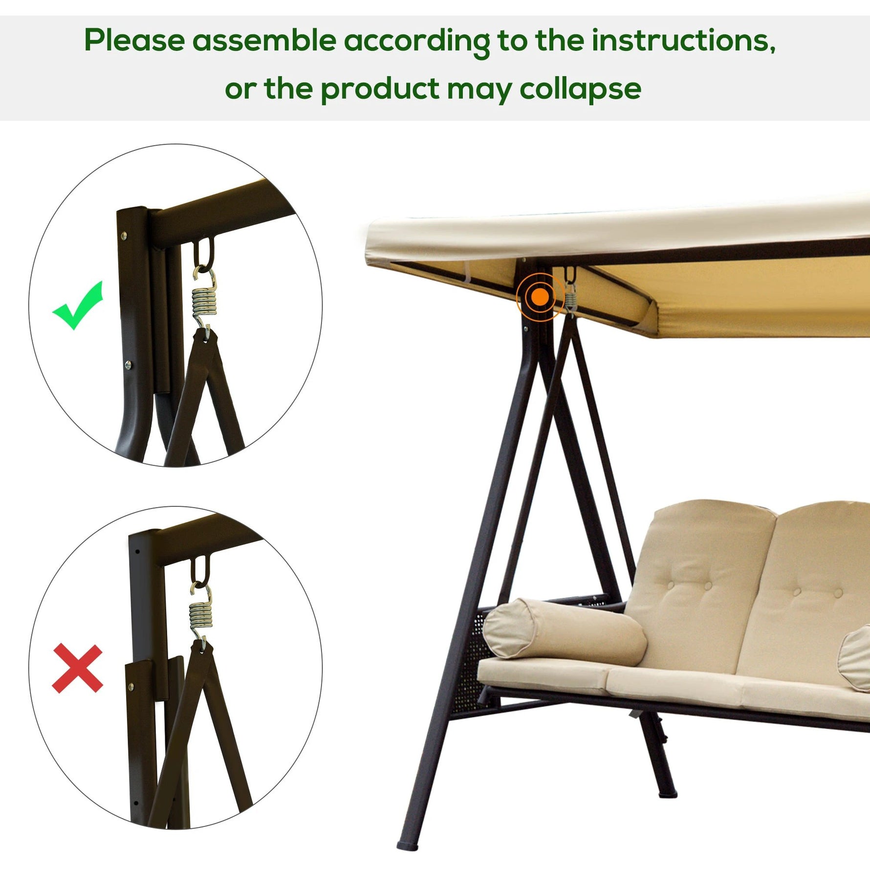 Steel Swing Chair Hammock Garden 3 Seater Canopy Cushion Shelter Beige by Outsunny