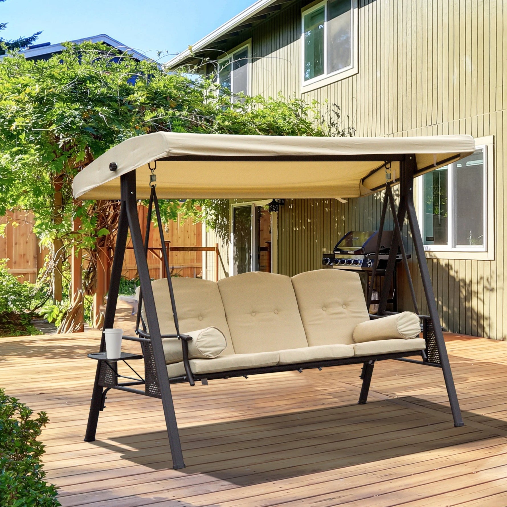 Outsunny Steel Swing Chair Hammock Garden 3 Seater Canopy Cushion Shelter Beige - Uncategorized Hammocks