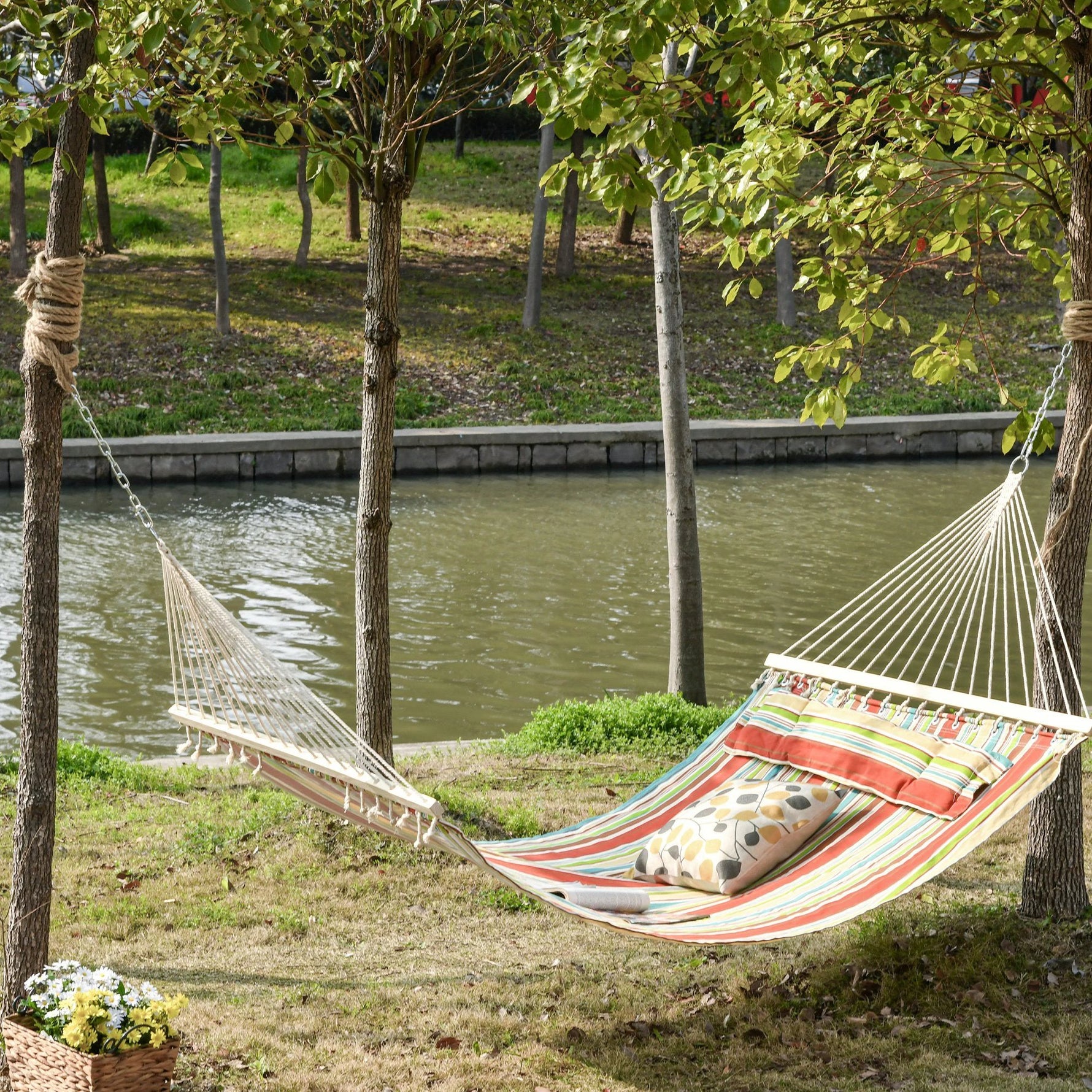 Double Outdoor Patio Cotton Hammock Swing Bed with Pillow by Outsunny