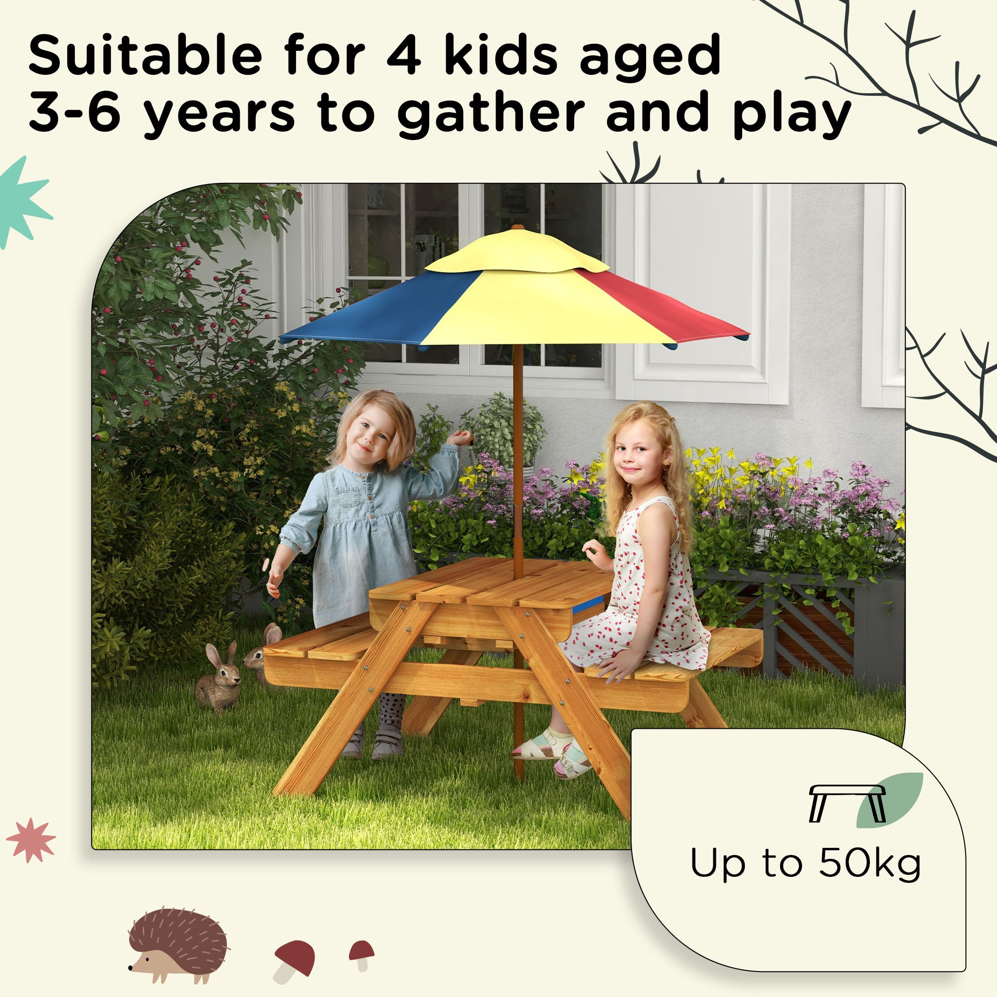 Outsunny Kids Picnic Table Set w/ Sand and Water, Removable Parasol - Brown - Picnic Tables from Outsunny
