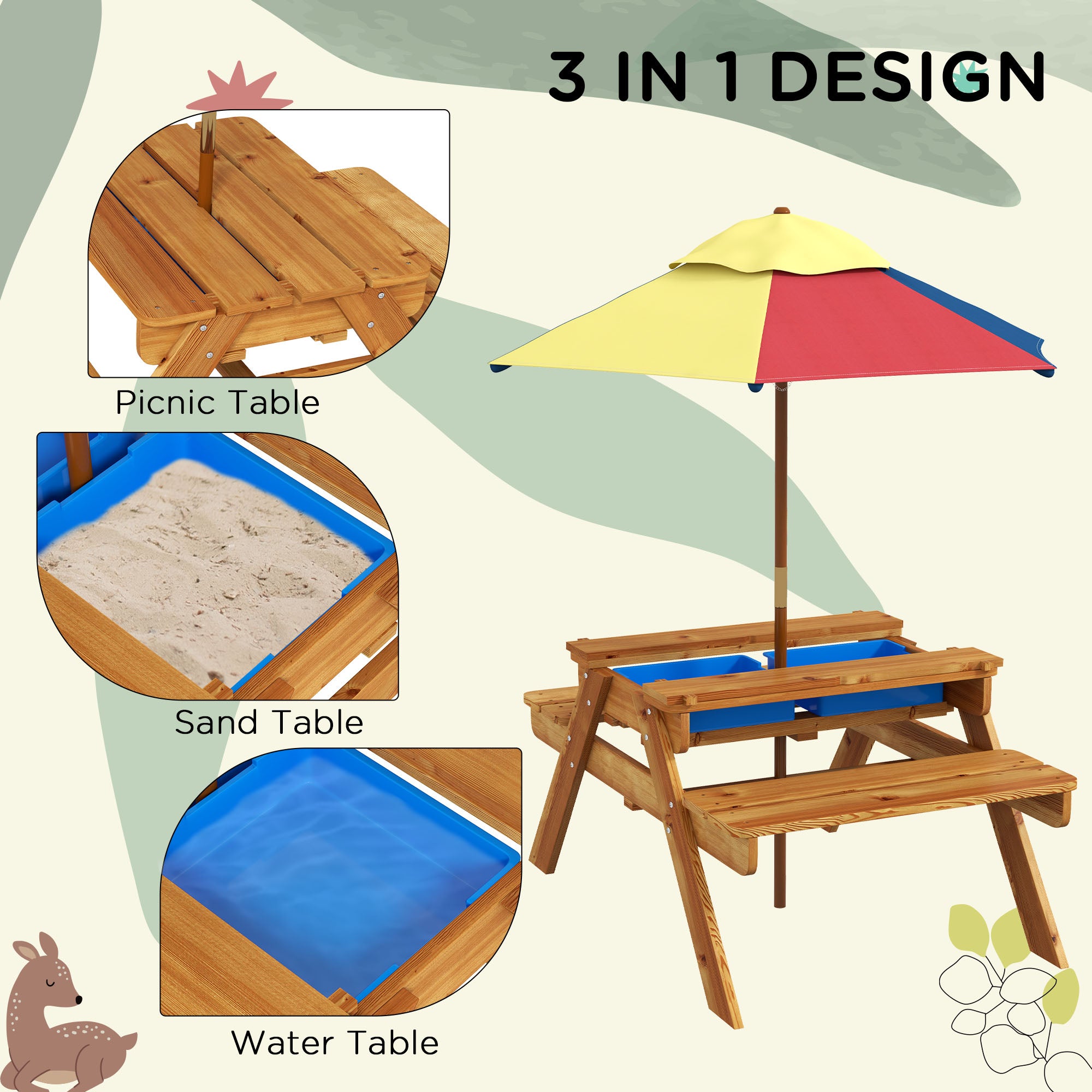 Outsunny Kids Picnic Table Set w/ Sand and Water, Removable Parasol - Brown - Picnic Tables from Outsunny