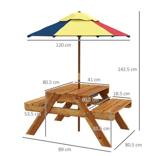 Outsunny Kids Picnic Table Set w/ Sand and Water, Removable Parasol - Brown - Picnic Tables from Outsunny