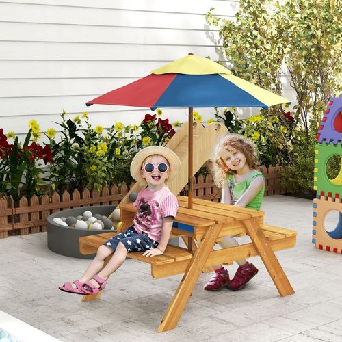 Outsunny Kids Picnic Table Set w/ Sand and Water, Removable Parasol - Brown - Picnic Tables from Outsunny
