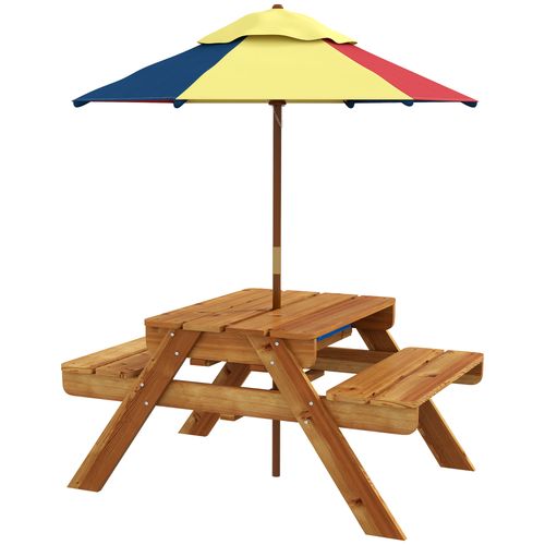 Outsunny Kids Picnic Table Set w/ Sand and Water, Removable Parasol - Brown - Picnic Tables from Outsunny