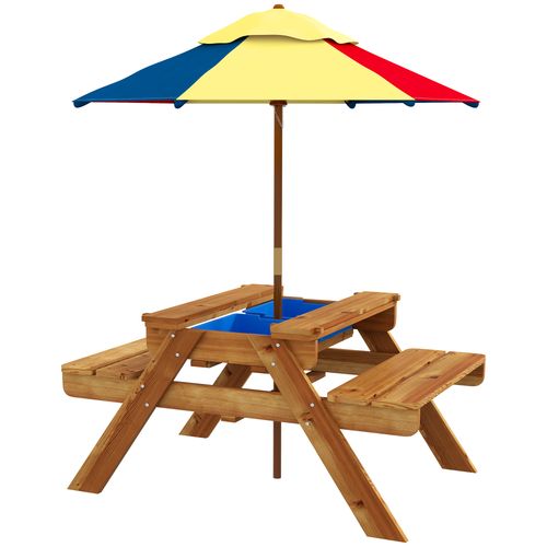 Outsunny Kids Picnic Table Set w/ Sand and Water, Removable Parasol - Brown - Picnic Tables from Outsunny
